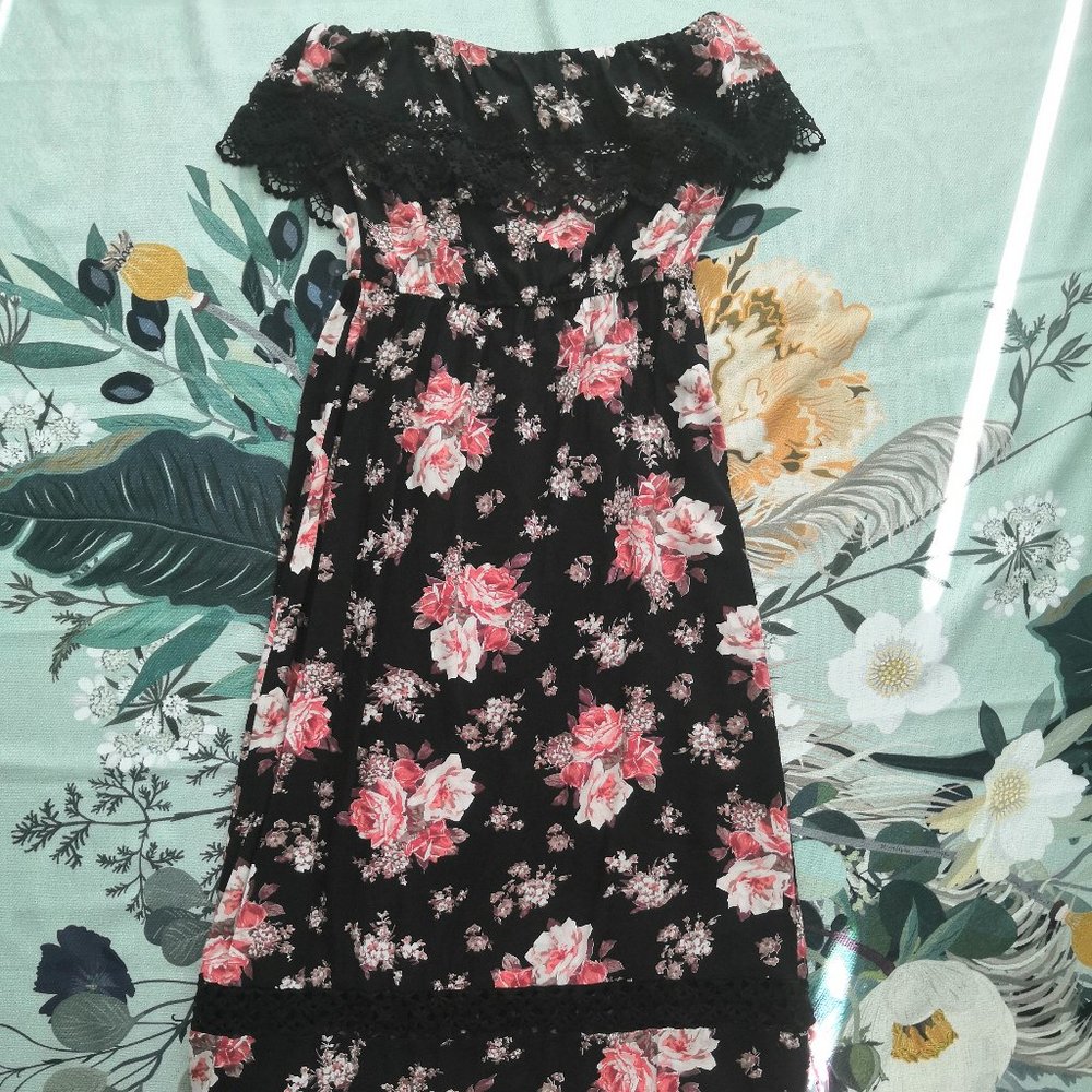 Forever 21 Maxi Dress Strapless Black Pink Floral Lined Lace Chiffon M Ruffle